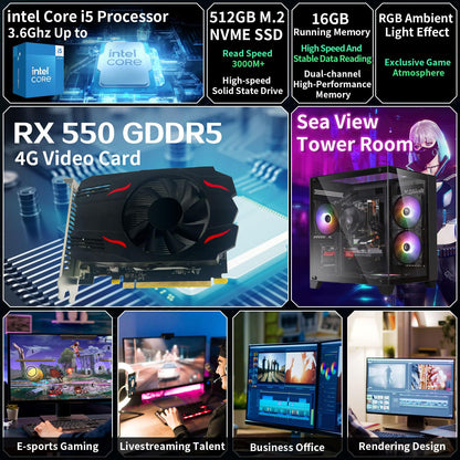 Vorkonfigurierter Gaming-PC, Intel Core i5 Desktop-Prozessor (3,2–3,6 GHz), RX550-Grafikkarte (4 GB GDDR5-Videospeicher), 16 GB RAM, 512 GB NVMe SSD, Wi-Fi 5, 4 RGB-Lüfter, Windows 11
