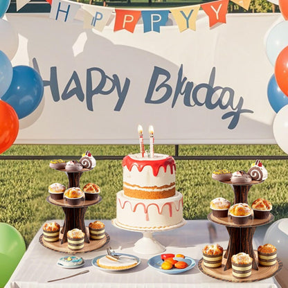 PANGU 2 Pack Rustic Wood Cupcake Stand for Party, 3-Tier Cardboard Cupcake Tower Holder for Baby Shower, Birthday, Camping, Safari Theme, Woodland Party Decorations, Dessert Display Tray (Wood Grain Look)