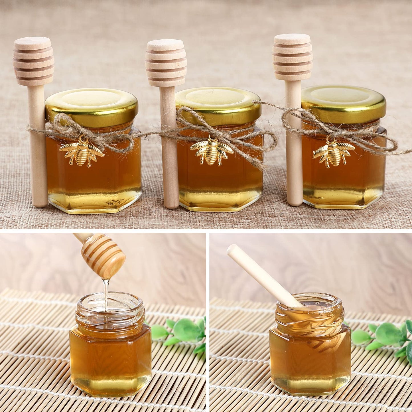 XING-RUIYANG 1,5 oz Sechseckige Mini-Honiggläser aus Glas - 30er-Pack Honiggläser mit Holzlöffel, goldenem Deckel, Bienenanhängern und Jutebeuteln - Perfekt für Babypartys, Hochzeitsgeschenke und Partygeschenke