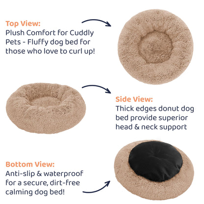 Petloox Donut-Hundebett – Premium-Komfort zur Linderung von Angstzuständen – Flauschiges und beruhigendes Design mit ultraweicher Unterstützung | Gemütliches rundes Hundebett in superweicher Kreisform (Größe M Kamel)