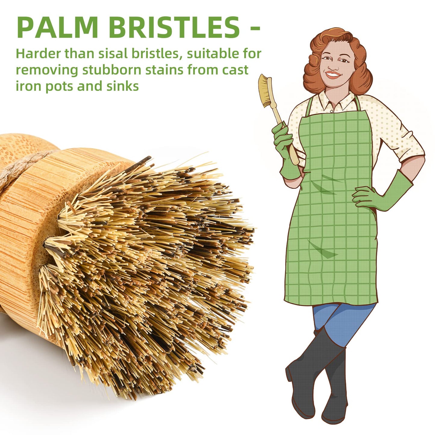 SUBEKYU Bambus-Spülbürste für die Küchenspüle, natürliche Holz-Spülbürste mit Sisalborsten für die Haushaltsreinigung, Gusseisentöpfe, Pfannen und Gemüse 