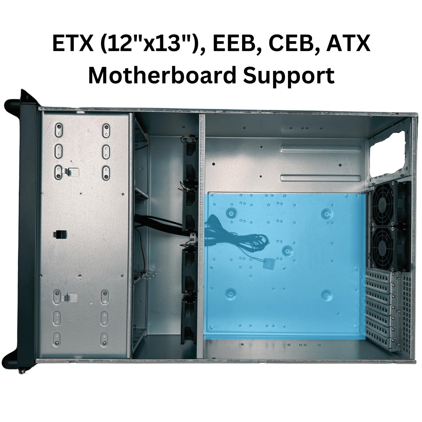 RackOwl 4U Servergehäuse, Rackmount-Servergehäuse; 13 Festplatteneinschübe (10x 3,5" &amp; 3x 5,25"); E-ATX/CEB/EEB/ATX-Mainboards; Lüfter: Vorderseite 2x 120 mm, Mitte 4x 80 mm, Rückseite 2x 80 mm; Frontschloss; Abmessungen: 16,8 x 7,0 x 25,0