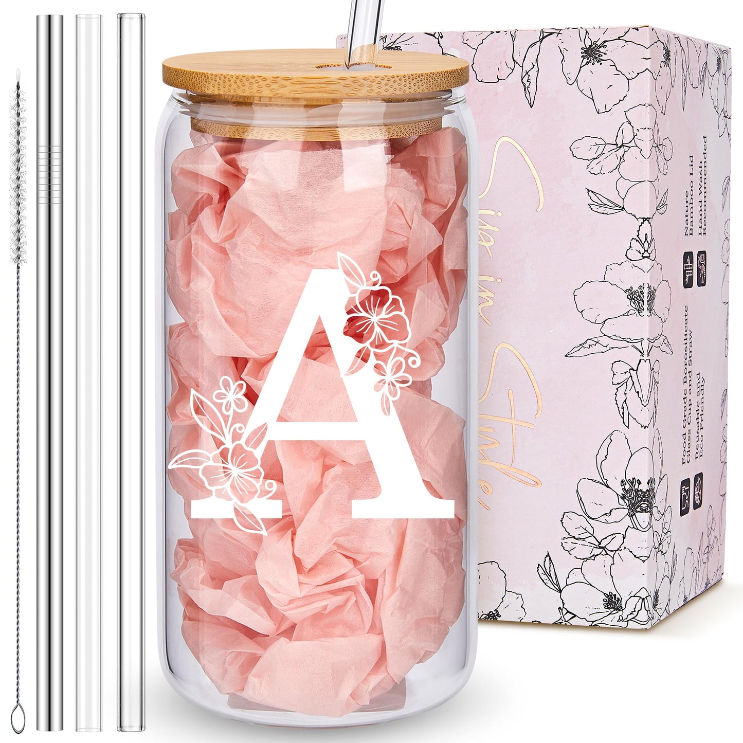 Personalisierter Trinkbecher, monogrammierte Dosenbecher mit Bambusdeckel und Strohhalm, personalisierte Geschenke für Frauen, niedliche Eiskaffeegläser mit Initialen, personalisierter Buchstabenbecher, Geburtstagsgeschenk für Brautjungfern, A