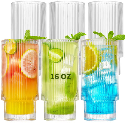 Qipecedm 6er-Pack gerippte Trinkgläser, 473 ml Vintage-Gläser, Highball-Gläser, Premium-Eiskaffeegläser, Klarglas-Tumbler, Cocktailgläser, elegante Gläser für Wasser, Saft, Whisky und Bier