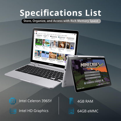Samsung Chromebook Plus V2 2-in-1 12,2" WUXGA LED-Touchscreen-Laptop, Intel Celeron 3965Y, 4 GB RAM, 64 GB eMMC, 2 Kameras, Stift, Tastatur im Island-Type-Design, Wi-Fi 5, Chrome OS, Silber (Generalüberholt)