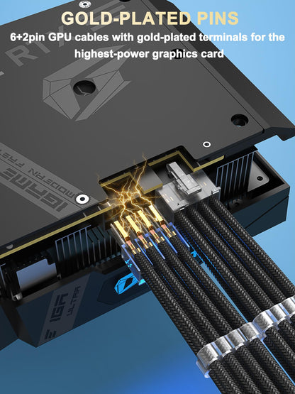 Sirlyr Transparentes Netzteil-Verlängerungsset für individuelle PC-Netzteile (16 AWG) mit 24-Pin-ATX-Anschluss, 1/8-Pin-EPS-Anschluss und 2 vergoldeten 8-Pin-PCIe-Anschlüssen, weiches, nylonummanteltes schwarzes Kabel.