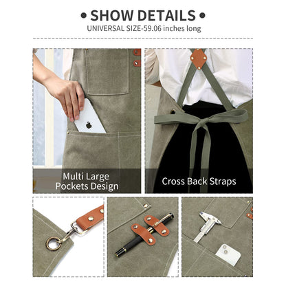 ZOMAO Kochschürze, Baumwoll-Canvas-Schürze mit gekreuztem Rückenteil und Taschen für Damen und Herren, verstellbare Träger und große Taschen, Küchenschürze zum Kochen und Backen 