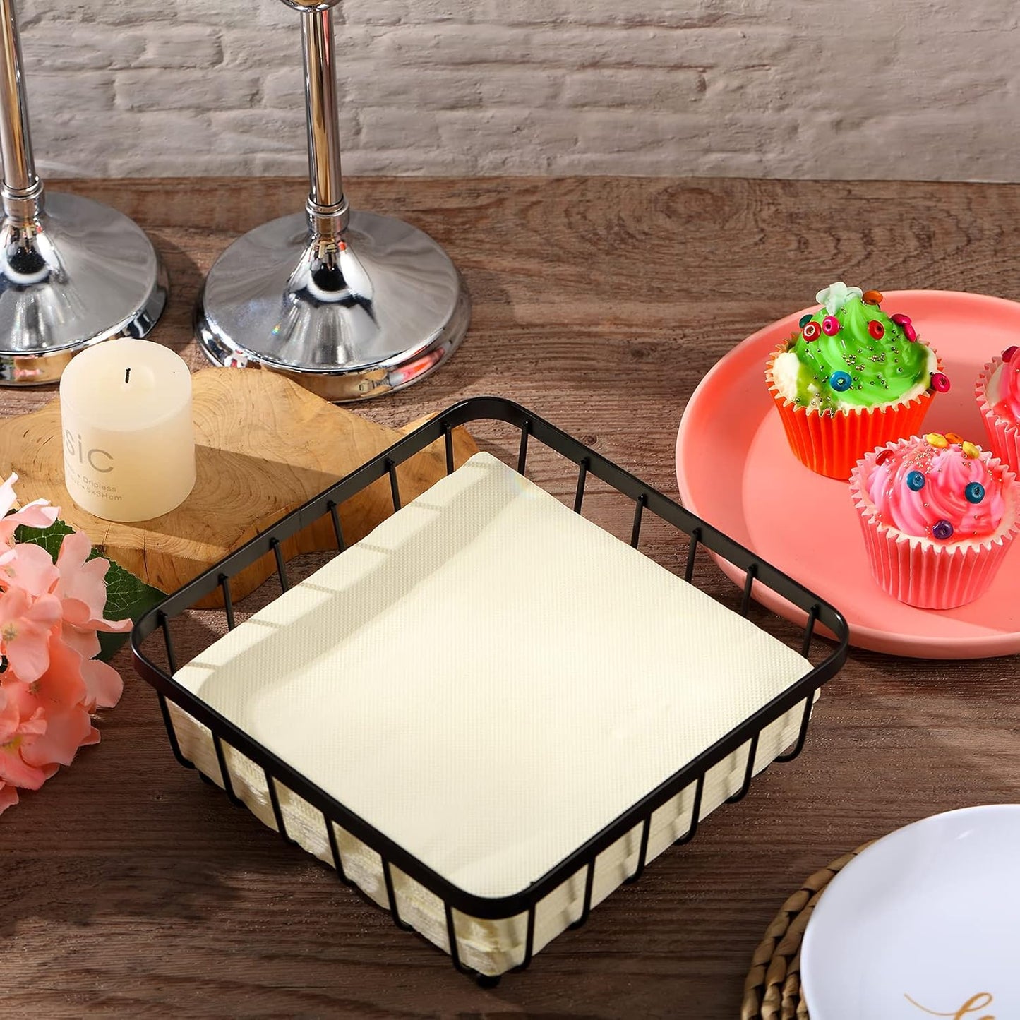 2 Pieces Napkin Holder for Table, Modern Flat Metal Paper Napkin Holder for Kitchen or Dining Room, Square Metal Lattice Basket, Restaurant Towel Dispenser (Black)