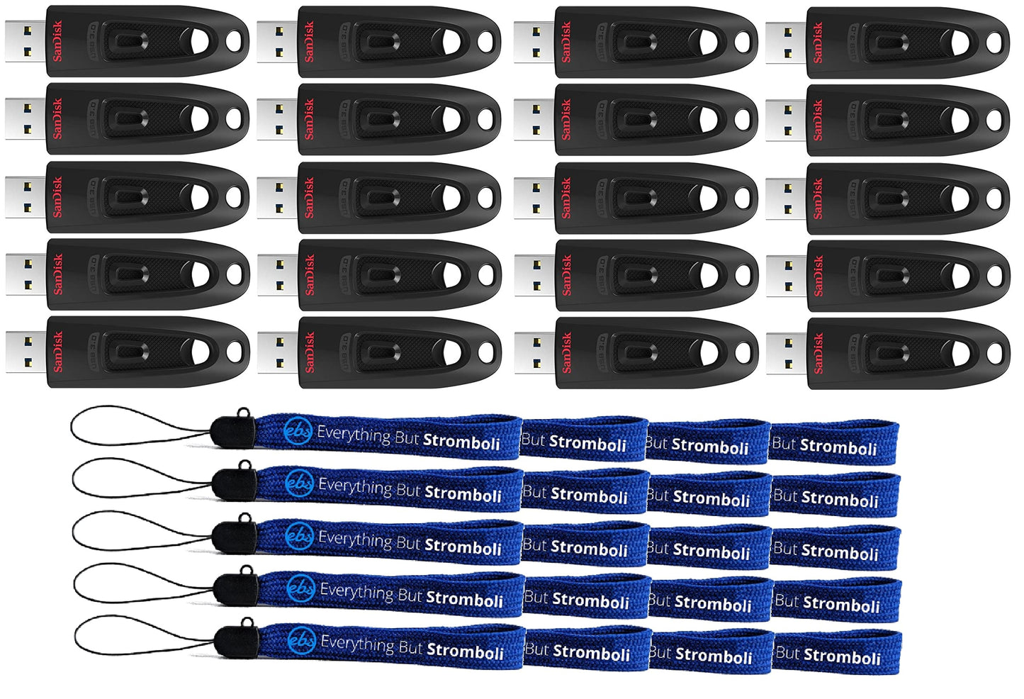 SanDisk 128GB Flash Ultra 3.0 USB Flash Drive 20 Pack High Performance Thumb Drive (SDCZ48-128G-U46) Bundle with 20 Everything But Stromboli Lanyards