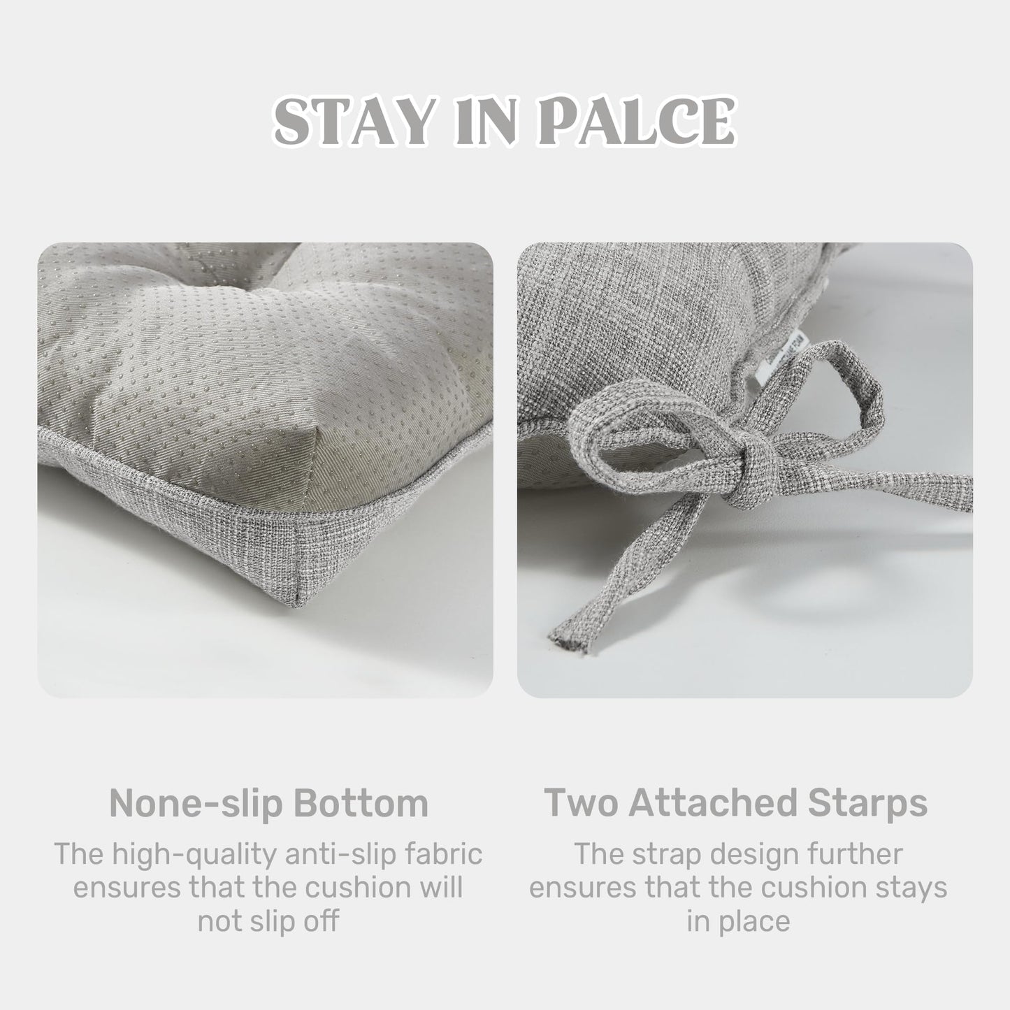 puredown® Stuhlkissen für Esszimmerstühle, gesteppte Memory-Schaum-Stuhlkissen mit rutschfester Unterseite, Küchensitzkissen mit Bändern, waschbares 4er-Set, 39,4 x 39,4 x 10,2 cm, Hellgrau