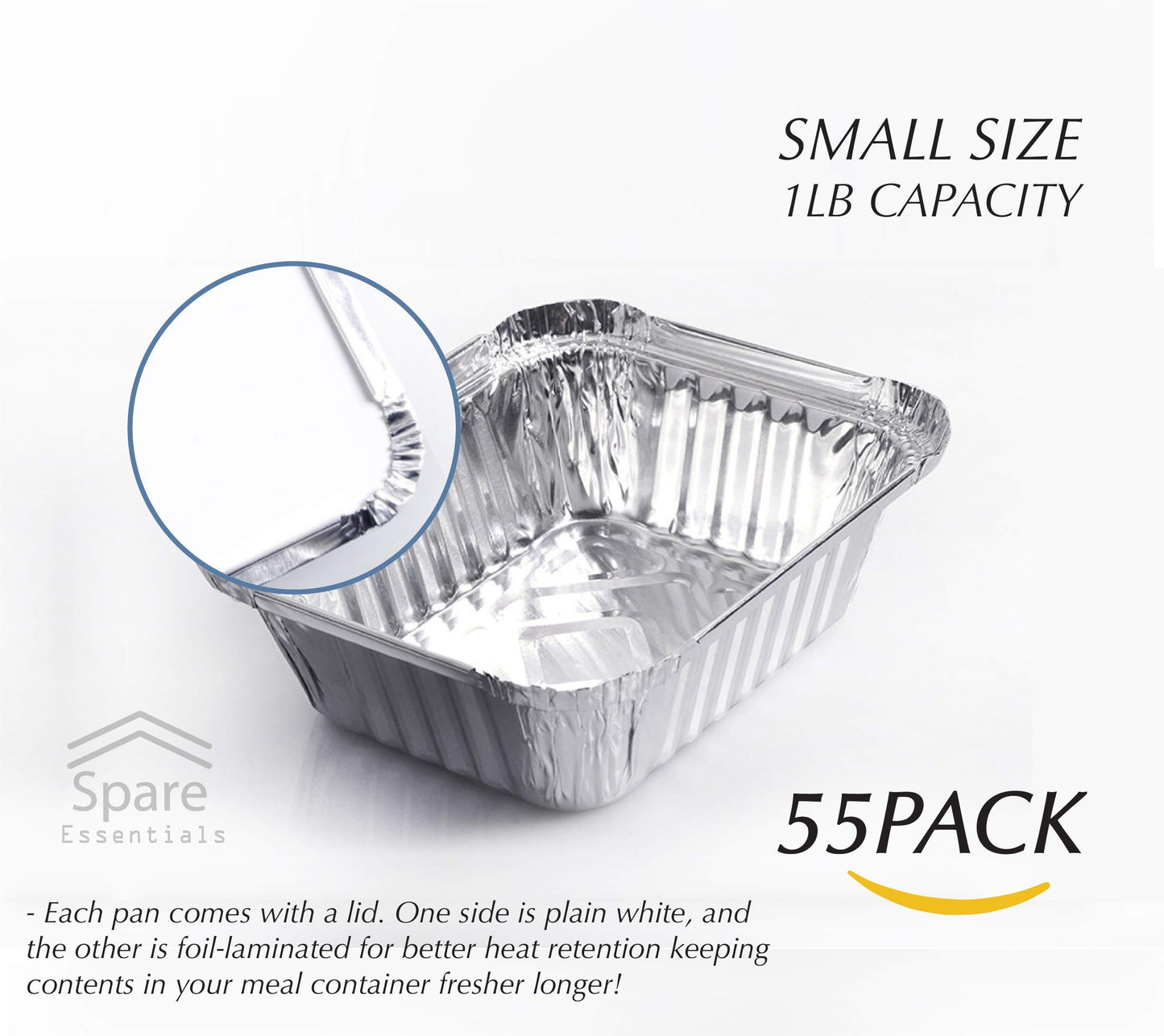 Spare Essentials 55er-Pack – Kleine Folienschalen mit Deckel – Lebensmittelbehälter zum Mitnehmen mit Deckel, 450 g Mini-Aluminiumschalen, gefriergeeignet, hitzebeständige Aluminium-Behälter für die Essenszubereitung, 14 x 11,5 x 4,8 cm