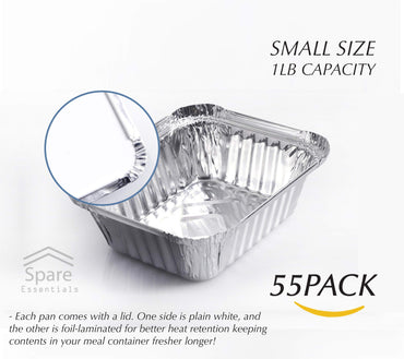 Spare Essentials 55er-Pack – Kleine Folienschalen mit Deckel – Lebensmittelbehälter zum Mitnehmen mit Deckel, 450 g Mini-Aluminiumschalen, gefriergeeignet, hitzebeständige Aluminium-Behälter für die Essenszubereitung, 14 x 11,5 x 4,8 cm