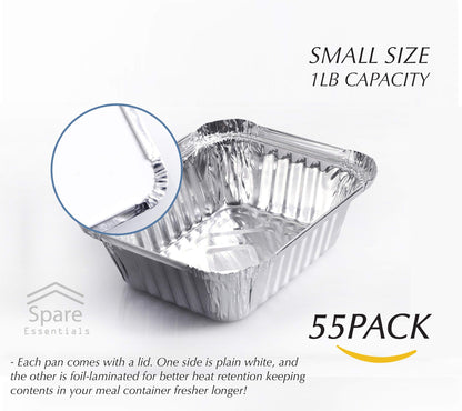 Spare Essentials 55er-Pack – Kleine Folienschalen mit Deckel – Lebensmittelbehälter zum Mitnehmen mit Deckel, 450 g Mini-Aluminiumschalen, gefriergeeignet, hitzebeständige Aluminium-Behälter für die Essenszubereitung, 14 x 11,5 x 4,8 cm