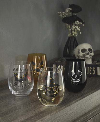 Oneida Barware, Vintro Halloween Stiellose Weingläser, 4er-Set, Spülmaschinenfest, Aus Glas, Gruseliges Trinkgläser-Set, Halloween-Dekoration für den Innenbereich, Skelette und Fledermäuse als Design (4-teilig, 532 ml)