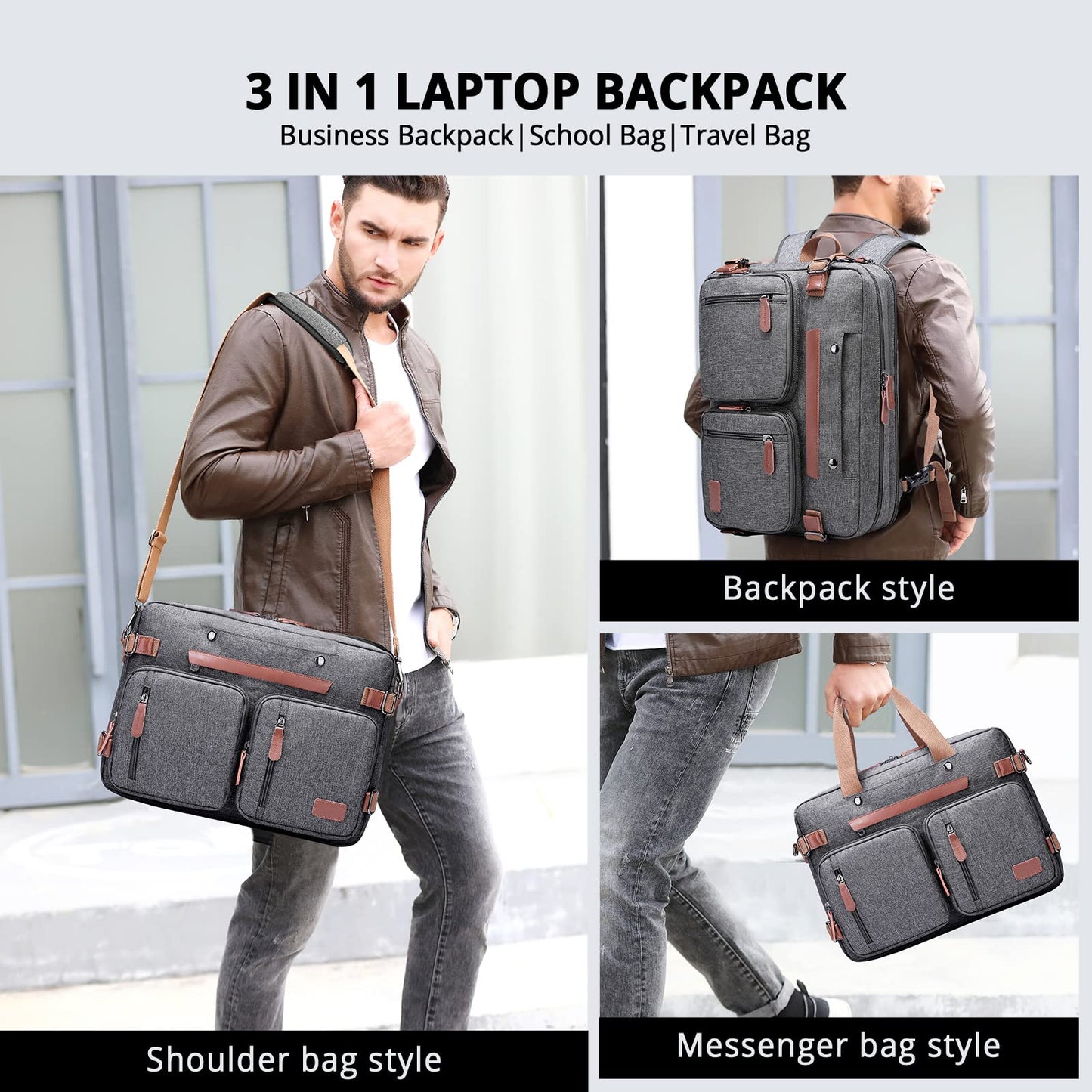 MOLNIA 3-in-1-Laptoptasche für Herren, 17,3-Zoll-Arbeitstasche für Herren, Laptop-Rucksack, Aktentasche, Umhängetasche, Computertasche für Laptops für Damen und Herren, Schwarz 