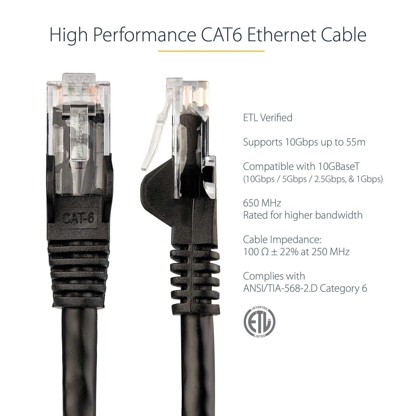 StarTech.com 12ft CAT6 Ethernet-Kabel - Schwarz CAT 6 Gigabit Ethernet-Kabel - 650MHz 100W PoE RJ45 UTP Netzwerk-/Patchkabel, knicksicher mit Zugentlastung, Fluke-geprüft/Verkabelung ist UL-zertifiziert/TIA (N6PATCH12BK)