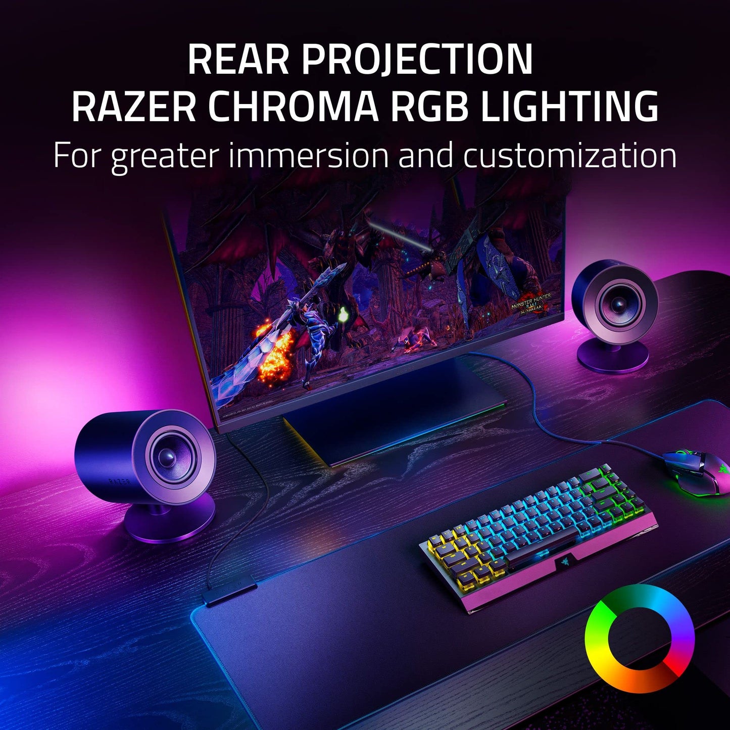Razer Nommo V2 – 2.1-PC-Gaming-Lautsprecher mit kabelgebundenem Subwoofer: THX Spatial Audio – Chroma RGB-Rückprojektion – 3-Zoll-Treiber – nach unten gerichteter 5,5-Zoll-Subwoofer – kabellose Fernbedienung