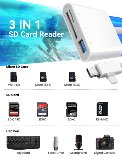 OPxjzws SD-Kartenleser für iPhone, SD-Kartenadapter mit Lightning- und USB-C-Dualanschlüssen, Plug &amp; Play, unterstützt microSD, SD und USB-A OTG, tragbarer Speicherkartenleser für Wildkameras, kompatibel mit iPhone, Mac, MacBook und iPad