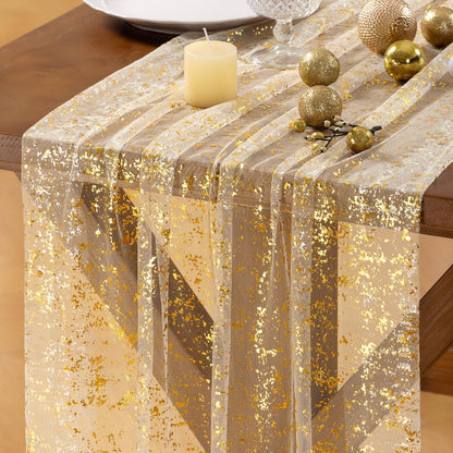 Socomi Tischläufer „Weihnachtsschnee“ aus goldfarbenem, transparentem Chiffon-Gaze-Paillettenstoff (3 m) mit Glitzer-Metallicfolie, geeignet für Hochzeiten, Geburtstage, Partys, Herbst, Winter, Jubiläen und Feiertage, Beige