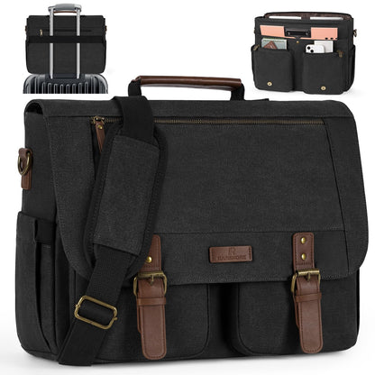 RAINSMORE Messenger Bag für Herren, 15,6–17,3 Zoll Laptoptasche, wasserabweisende Canvas-Aktentasche, große Computertasche, Schultertasche für Arbeit, Uni und Reisen, Schwarz