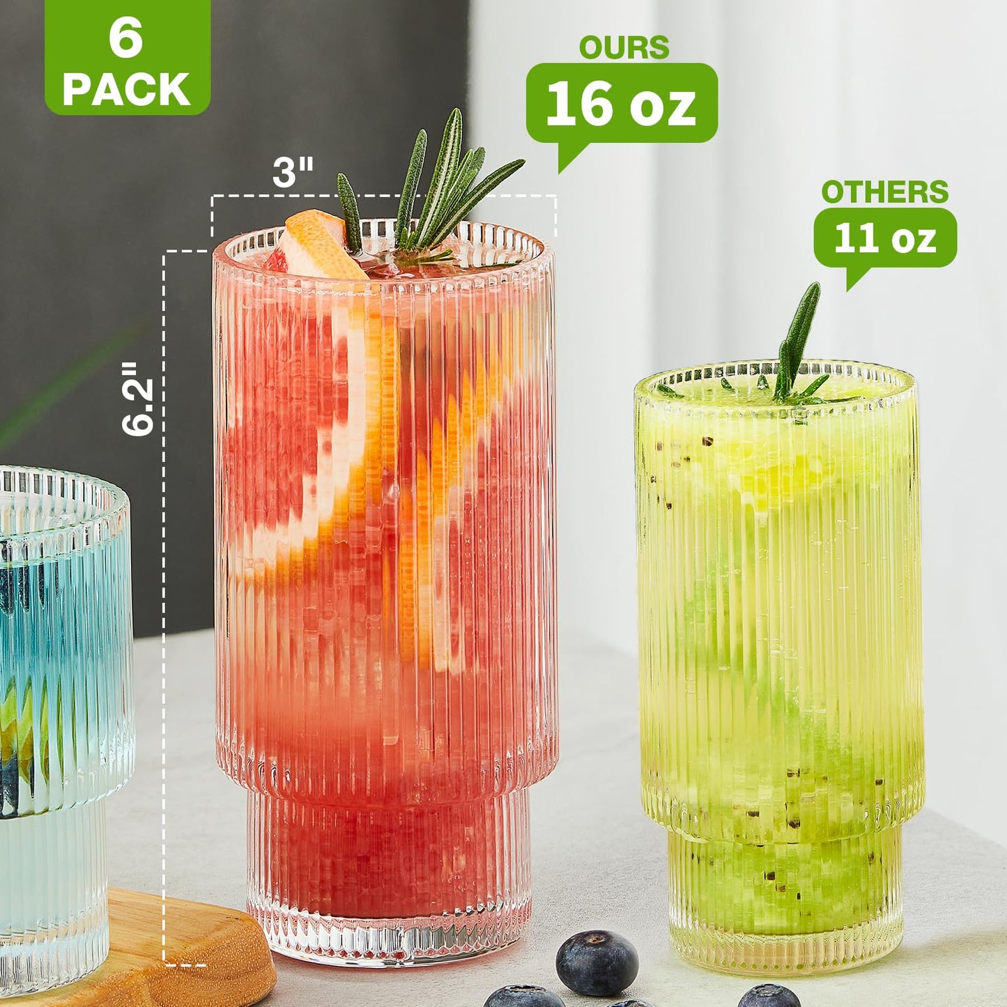 Qipecedm 6er-Pack gerippte Trinkgläser, 473 ml Vintage-Gläser, Highball-Gläser, Premium-Eiskaffeegläser, Klarglas-Tumbler, Cocktailgläser, elegante Gläser für Wasser, Saft, Whisky und Bier