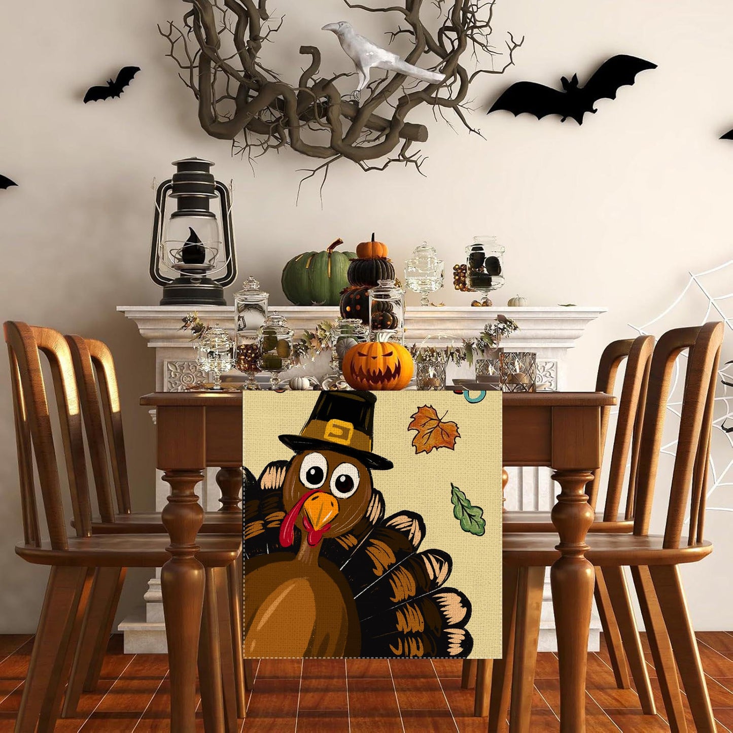 Tischläufer mit Truthahnmotiv, Ahornblätter und Thanksgiving-Motiv, 13 x 72 Zoll (ca. 33 x 183 cm), ideal als herbstliche Tischdekoration für Küche und Esszimmer.
