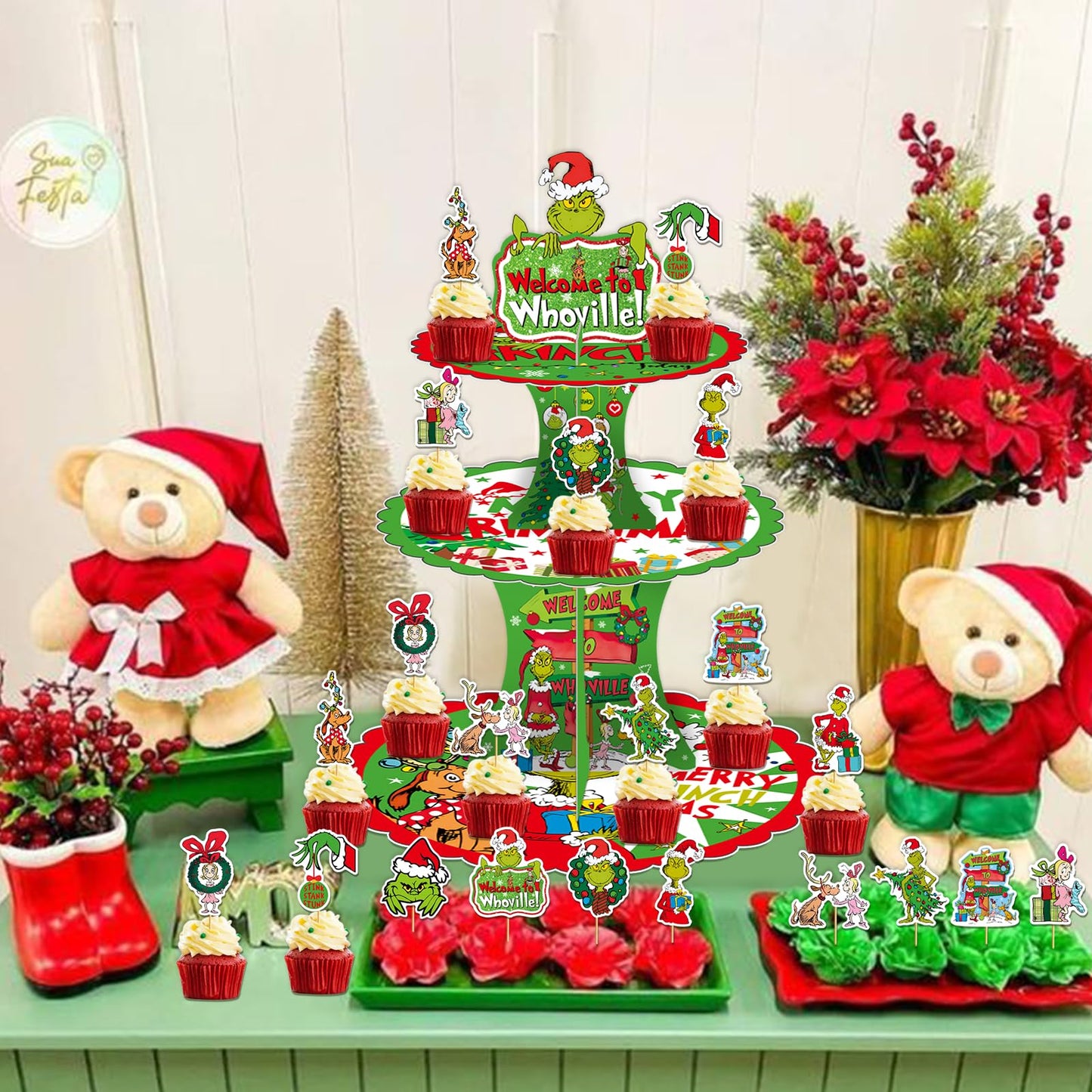 Tentaquil Green 3-stöckiger Cupcake-Ständer und 12 Cupcake-Topper, Weihnachts-Cupcake-Halter, Weihnachts-Cupcake-Dekorationen, Whoville-Weihnachtsdekorationen, Weihnachtsparty-Zubehör