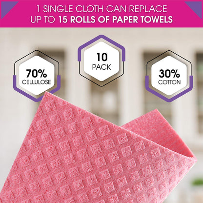 Schwedische Geschirrtücher – Umweltfreundliche, wiederverwendbare Küchentücher – 10er-Pack Reinigungstücher für Geschirr, Arbeitsflächen und Oberflächen – Super saugfähig, kompostierbar, Zero-Waste-Alternative