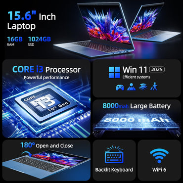 Naclud 15,6-Zoll-Laptop, Windows 11-Laptop mit 16 GB RAM, 1024 GB SSD, Core i3-Prozessor (bis zu 3,9 GHz), Tastatur mit Hintergrundbeleuchtung, 53,2-Wh-Akku, Wi-Fi 6, IPS-FHD-Display, 180°-Betrachtungswinkel, HDMI, USB-C