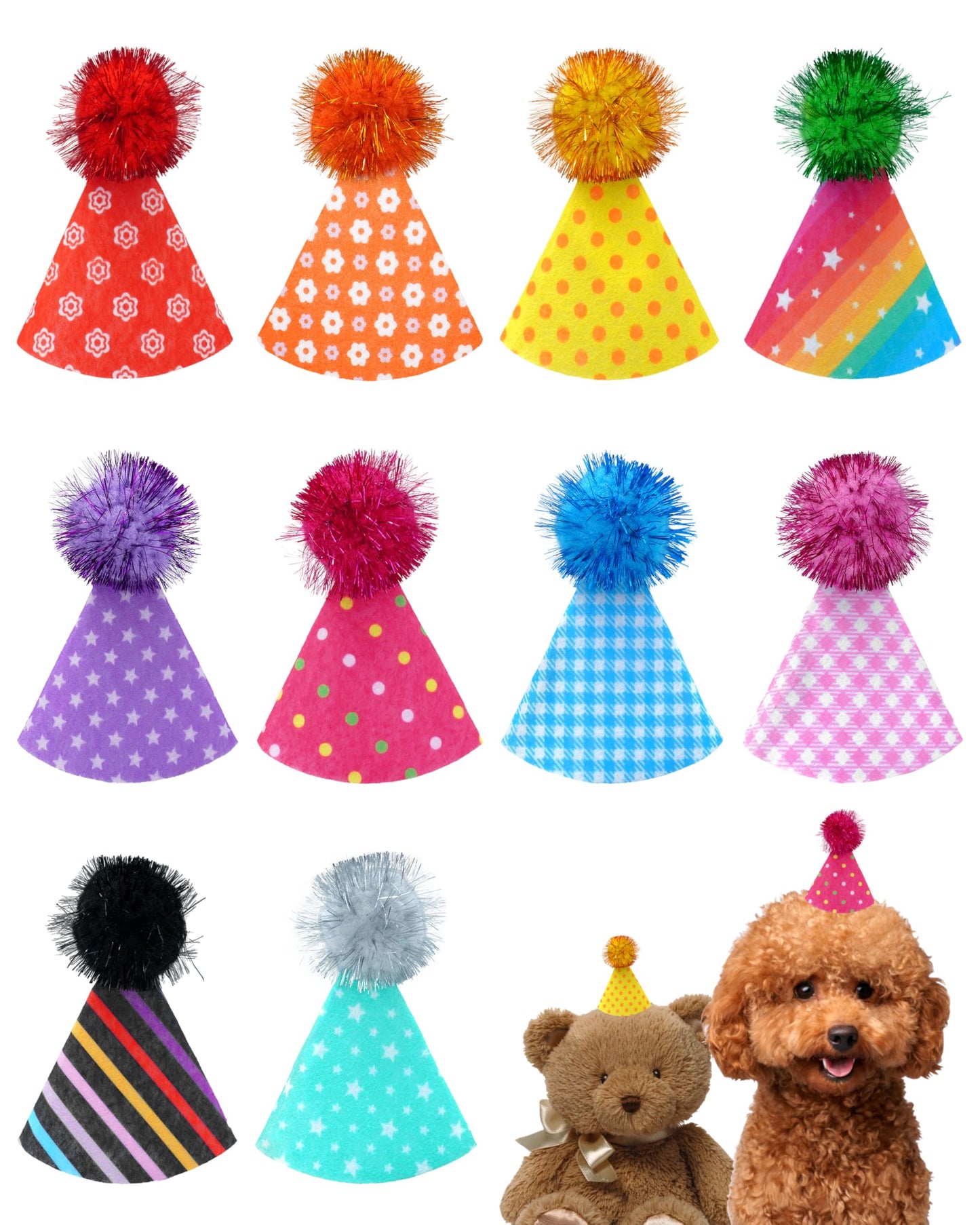 Haustiershow 10er-Pack Mini-Partyhüte für kleine Hunde, Kuscheltiere, Puppen, Welpen und Katzen, verstellbares Stirnband, bunte Filzhüte für die Feiertage, Kätzchen, Haustierpflege-Kostümzubehör