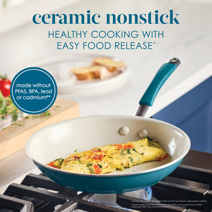 Rachael Ray Cucina Ceramic Cookware Set - 13 Pieces - Ceramic Pots and Pans Set w/Nonstick Frying Pans, Saute Pan, Saucepans, Stockpot, Lids, Pan Protectors & Cooking Utensils - Marine Blue