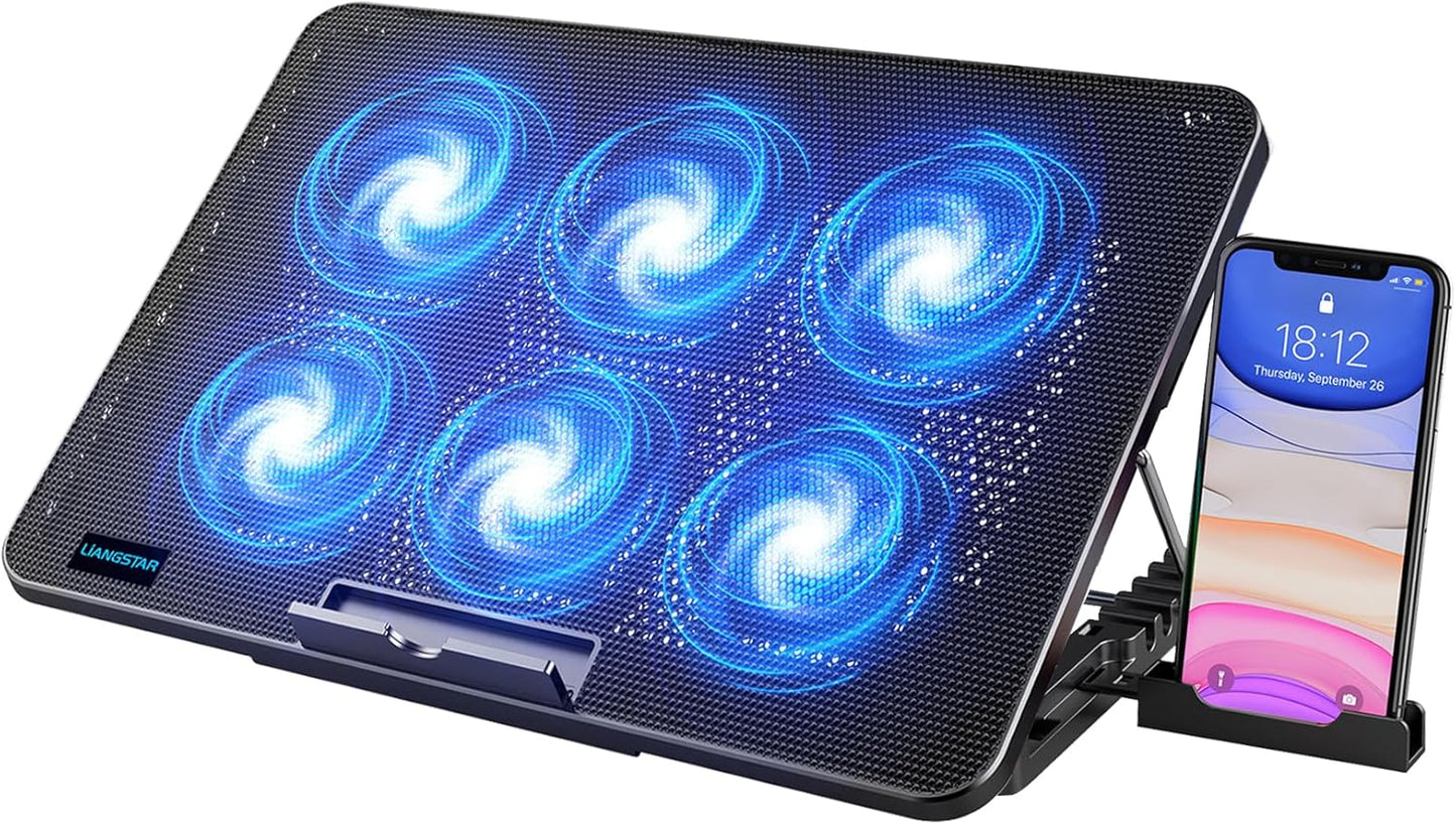 LIANGSTAR Laptop-Kühlpad, Laptop-Kühler mit 6 leisen Lüftern für 12-17 Zoll Notebooks, Gaming-Lüfter, stabiler Ständer, 7-fach höhen- und windgeschwindigkeitsverstellbar, 2 USB-Anschlüsse und Handyhalterung (Schwarz) 