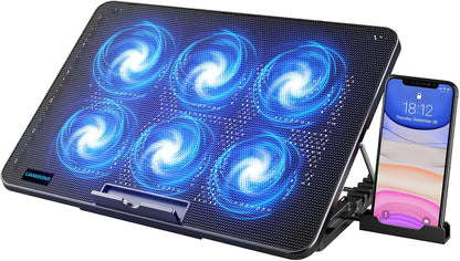 LIANGSTAR Laptop-Kühlpad, Laptop-Kühler mit 6 leisen Lüftern für 12-17 Zoll Notebooks, Gaming-Lüfter, stabiler Ständer, 7-fach höhen- und windgeschwindigkeitsverstellbar, 2 USB-Anschlüsse und Handyhalterung (Schwarz) 