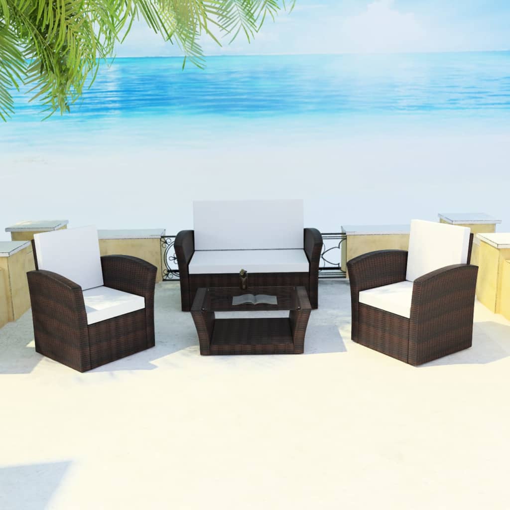 vidaXL Ensemble de salon de jardin 4 pcs avec coussins résine tressée marron