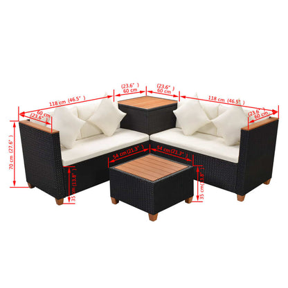 vidaXL Salon de jardin 4 pcs avec coussins résine tressée noir