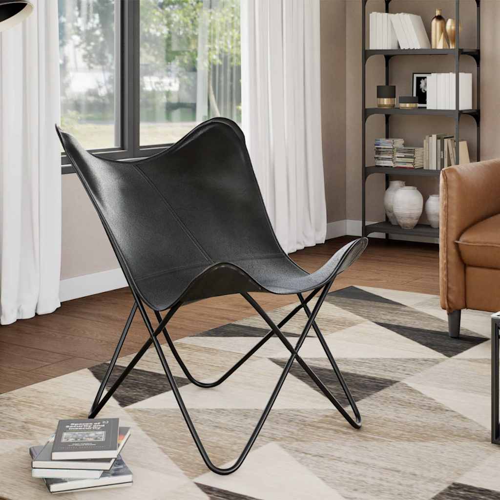 vidaXL Butterfly-Sessel Schwarz Echtleder