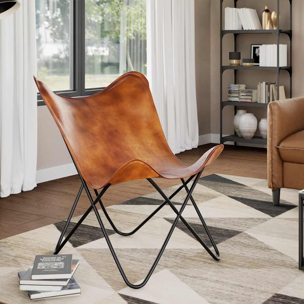 vidaXL Butterfly-Sessel Braun Echtleder