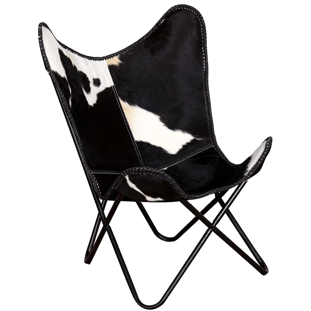 vidaXL Butterfly-Sessel Schwarz und Weiß Echtes Kuhfell