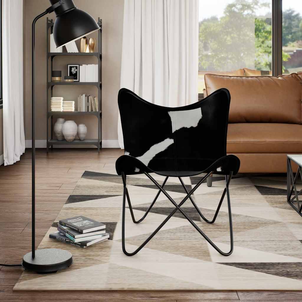 vidaXL Butterfly-Sessel Schwarz und Weiß Echtes Kuhfell