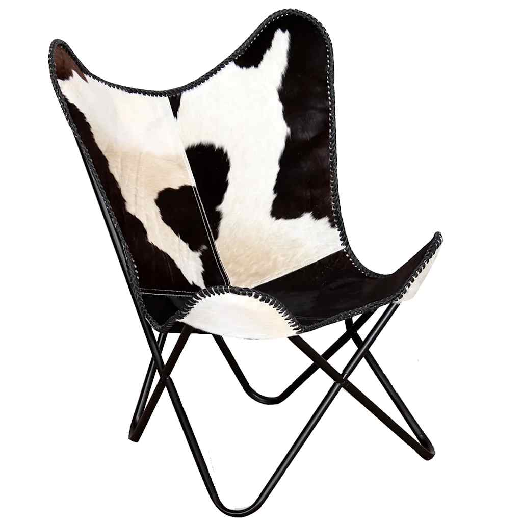 vidaXL Butterfly-Sessel Schwarz und Weiß Echtes Kuhfell