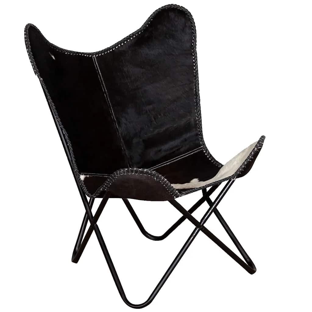 vidaXL Butterfly-Sessel Schwarz und Weiß Echtes Kuhfell