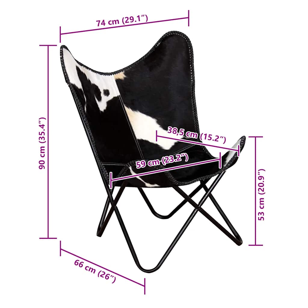 vidaXL Butterfly-Sessel Schwarz und Weiß Echtes Kuhfell