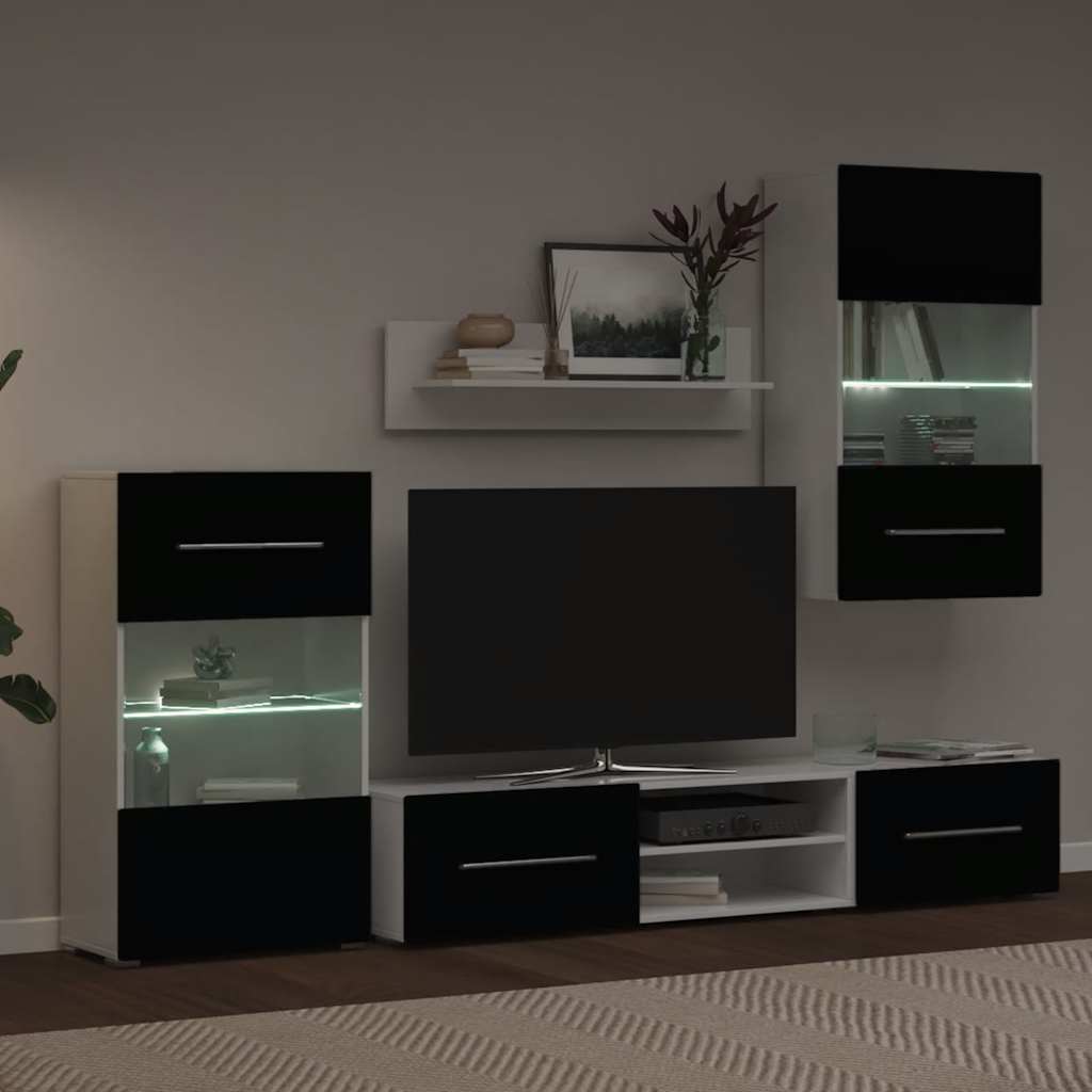 vidaXL Fünfteilige Wohnwand TV-Schrank mit LED-Beleuchtung Schwarz