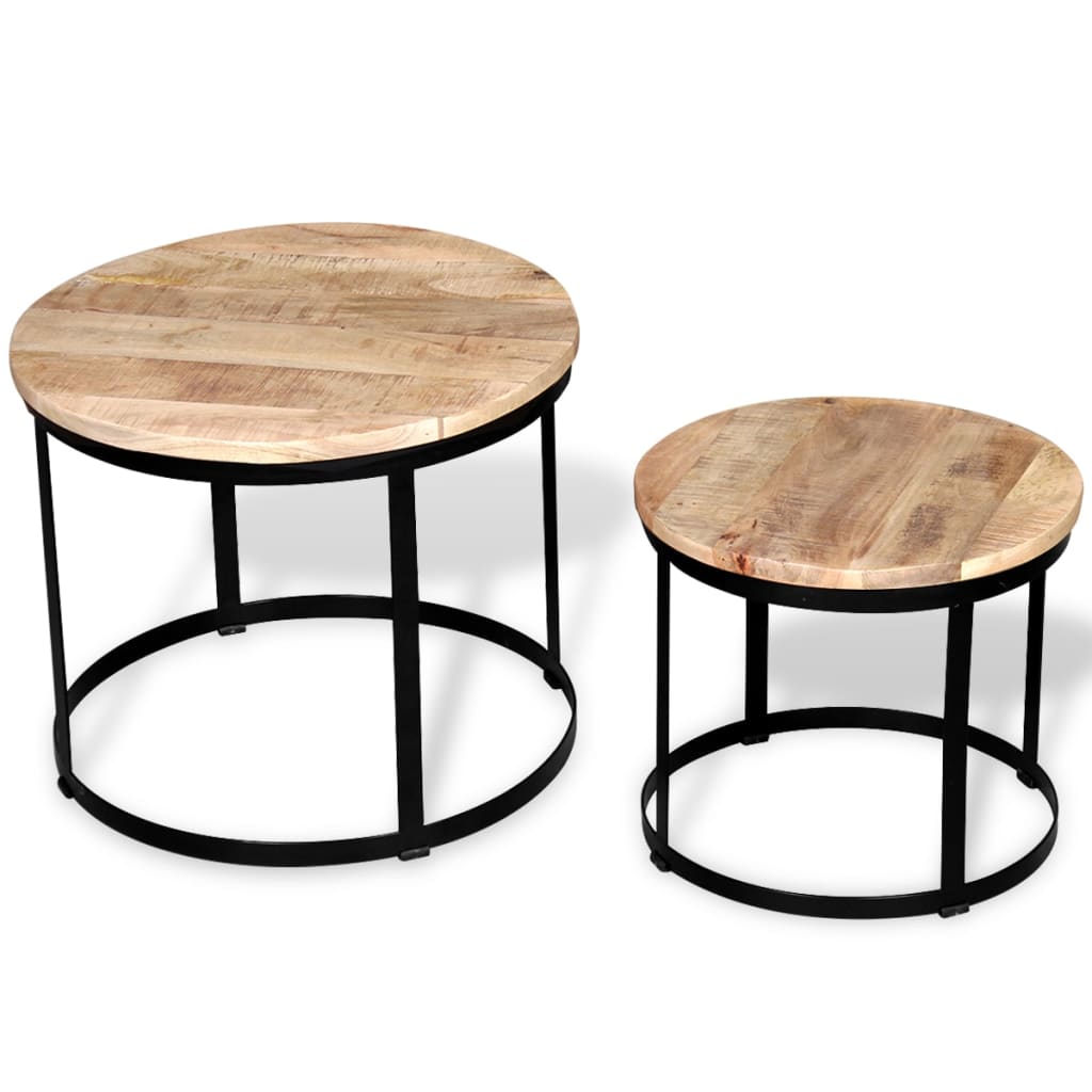 vidaXL Table basse, 2 pcs, Bois de manguier brut, Rond, 40/50 cm