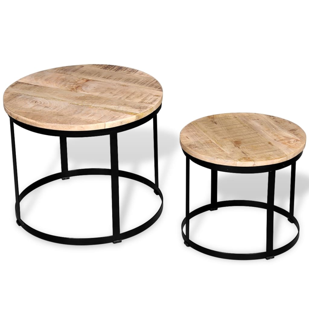 vidaXL Table basse, 2 pcs, Bois de manguier brut, Rond, 40/50 cm