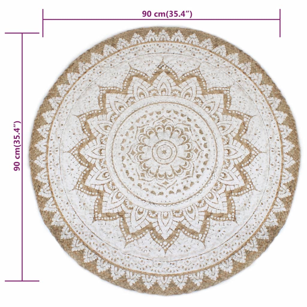vidaXL Tapis en jute tressé et imprimé 90 cm rond