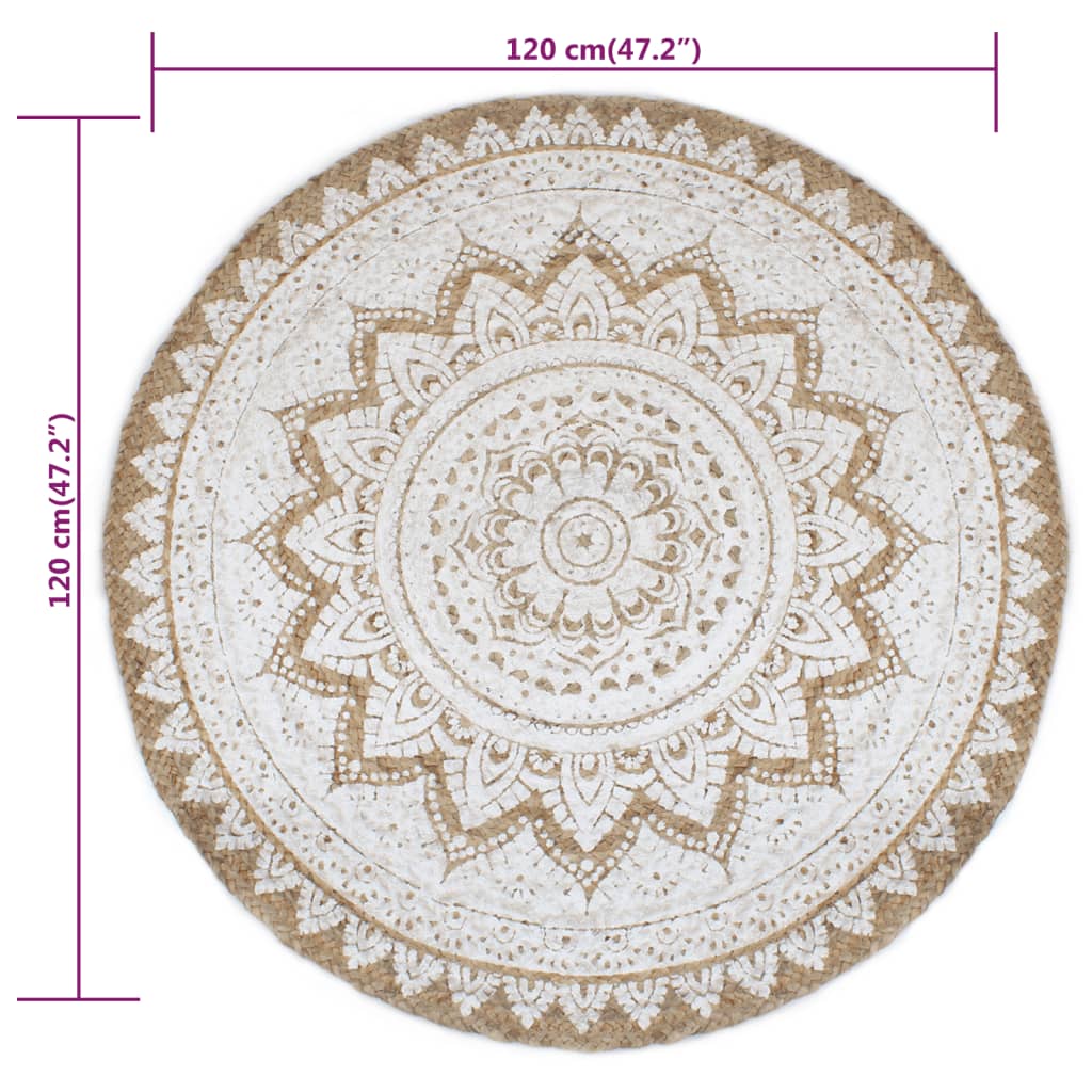 vidaXL Tapis rond tressé en jute imprimé 120 cm