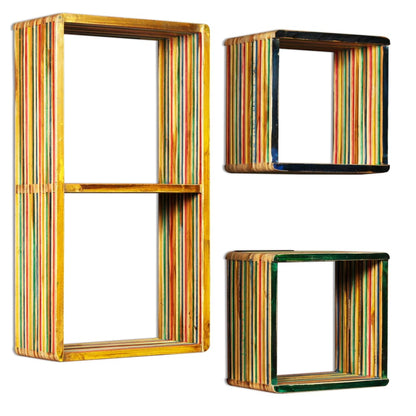 vidaXL 3-tlg. Wandregal-Set Recyceltes Massivholz Teak Mehrfarbig