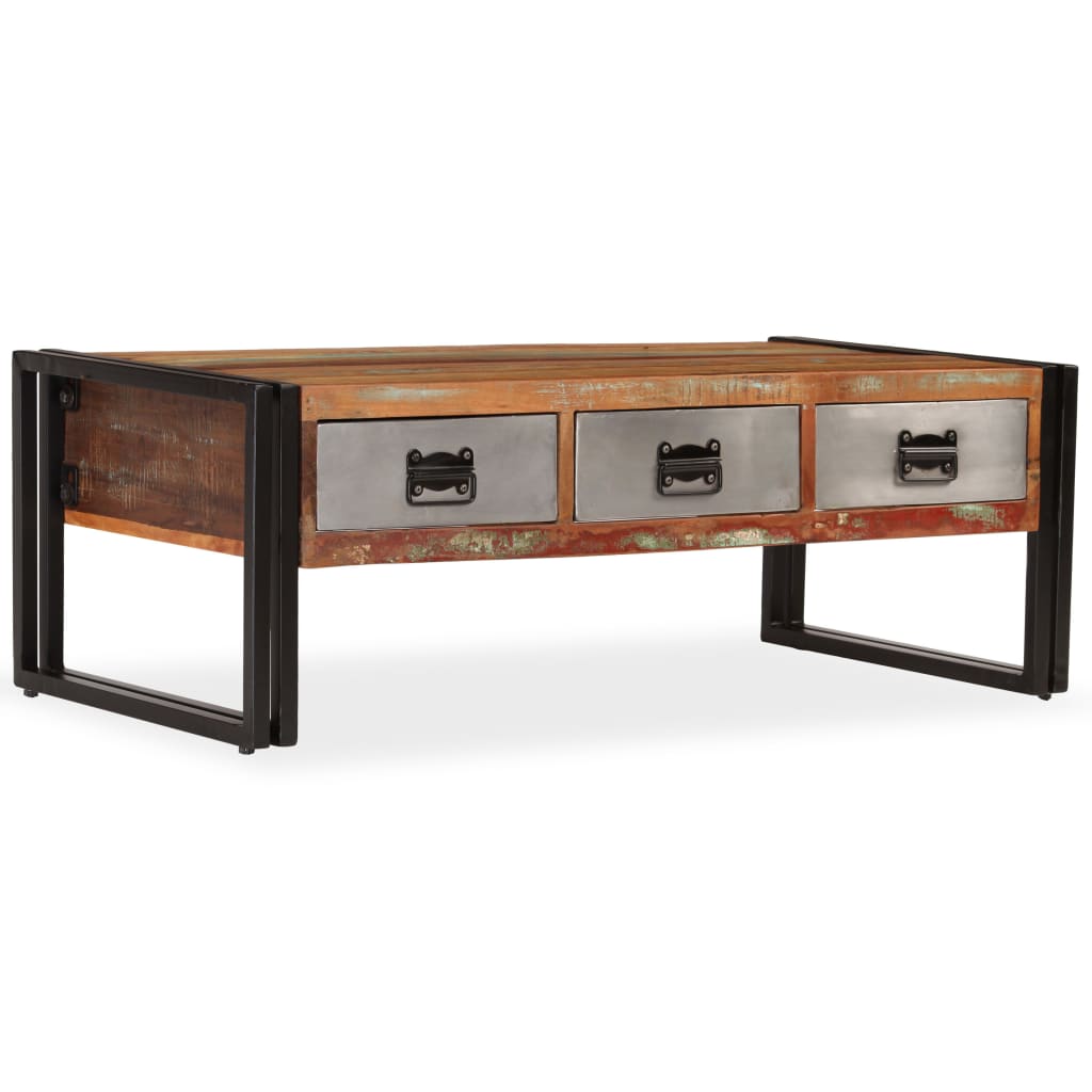 vidaXL Table basse avec 3 tiroirs en bois de récupération massif 100x50x35 cm