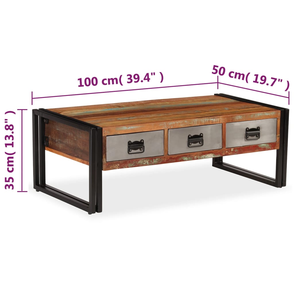 vidaXL Table basse avec 3 tiroirs en bois de récupération massif 100x50x35 cm